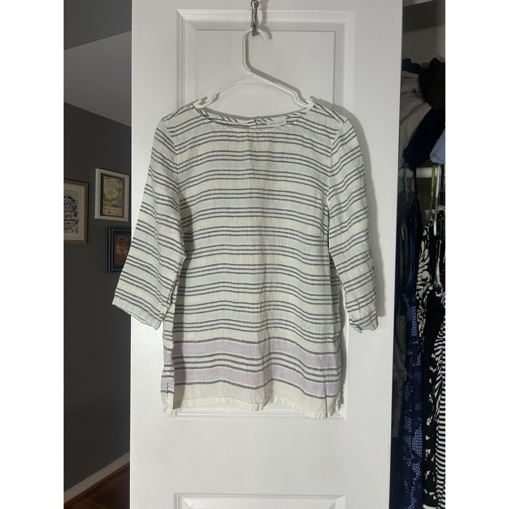 J Jill Love Linen Womens Blouse Striped Button Back 3/4 Sleeve Sz M White Stripe